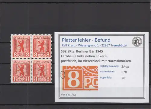SBZ 1945 PLATTENFEHLER Nr 3Aux F78 postfrisch (218730)