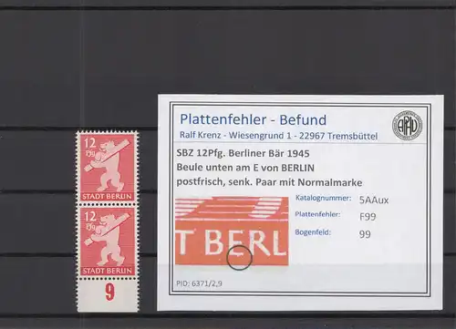 SBZ 1945 PLATTENFEHLER Nr 5Aux F99 postfrisch (218751)