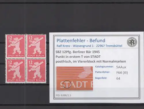 SBZ 1945 PLATTENFEHLER Nr 5Aux XI postfrisch (218760)