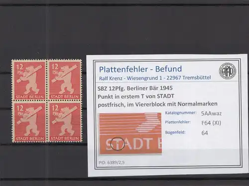 SBZ 1945 PLATTENFEHLER Nr 5Awaz XI postfrisch (218761)
