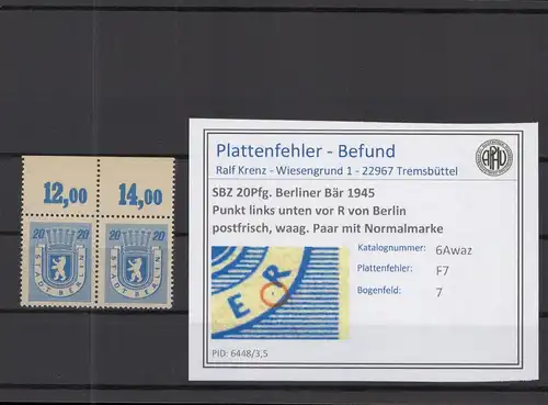 SBZ 1945 PLATTENFEHLER Nr 6Awaz F7 postfrisch (218804)