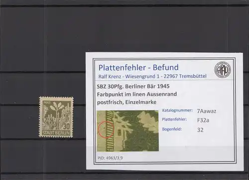 SBZ 1945 PLATTENFEHLER Nr 7Awbz F32a postfrisch (218815)