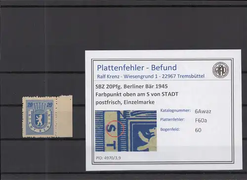 SBZ 1945 PLATTENFEHLER Nr 6Awaz F60a postfrisch (218816)
