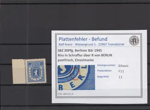 SBZ 1945 PLATTENFEHLER Nr 6Awaz F11 postfrisch (218817)