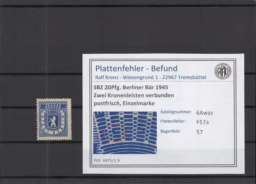 SBZ 1945 PLATTENFEHLER Nr 6Awaz F57a postfrisch (218820)