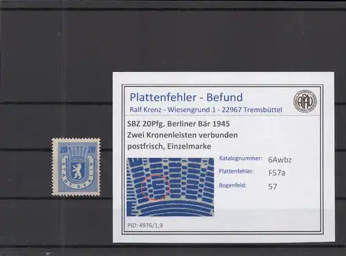 SBZ 1945 PLATTENFEHLER Nr 6Awbz F57a postfrisch (218821)