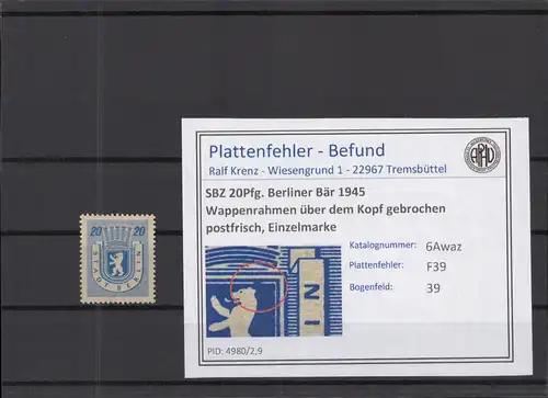 SBZ 1945 PLATTENFEHLER Nr 6Awaz F39 postfrisch (218823)