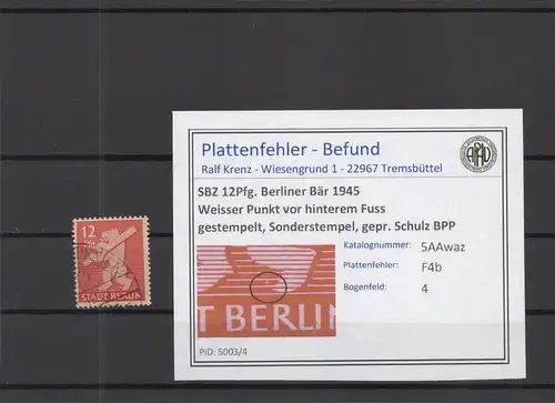 SBZ 1945 PLATTENFEHLER Nr 5Awaz F4b gestempelt (218842)