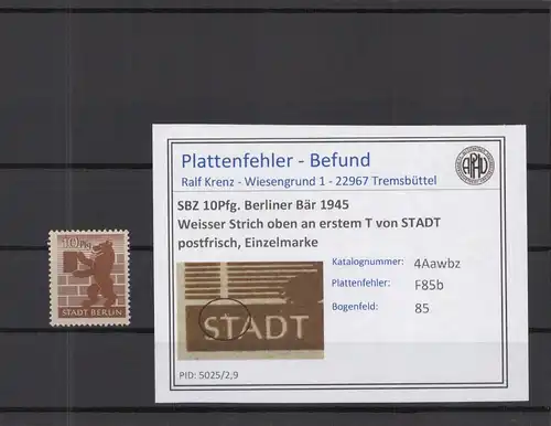 SBZ 1945 PLATTENFEHLER Nr 4Awbz F85b postfrisch (218855)