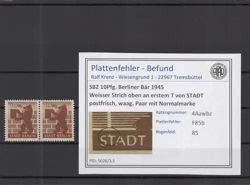 SBZ 1945 PLATTENFEHLER Nr 4Awbz F85b postfrisch (218856)