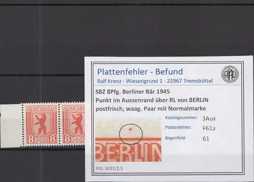 SBZ 1945 PLATTENFEHLER Nr 3Aux F61a postfrisch (218862)