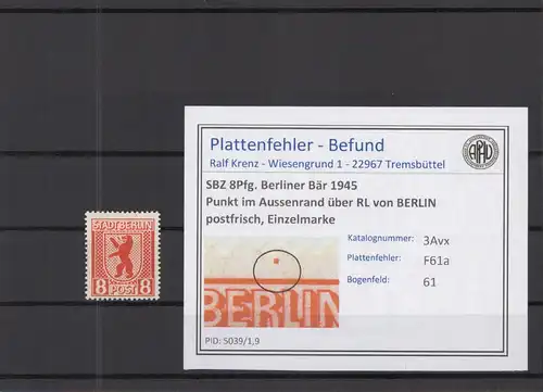 SBZ 1945 PLATTENFEHLER Nr 3Avx F61a postfrisch (218864)