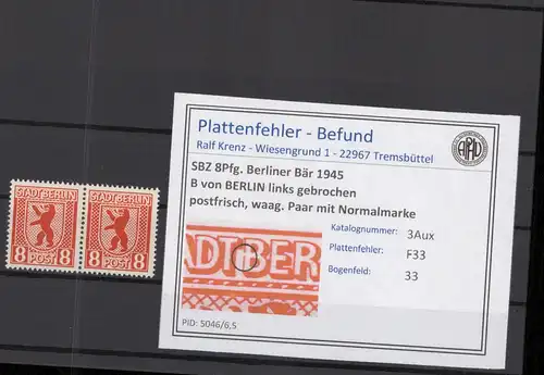 SBZ 1945 PLATTENFEHLER Nr 3Aux F33 postfrisch (218869)
