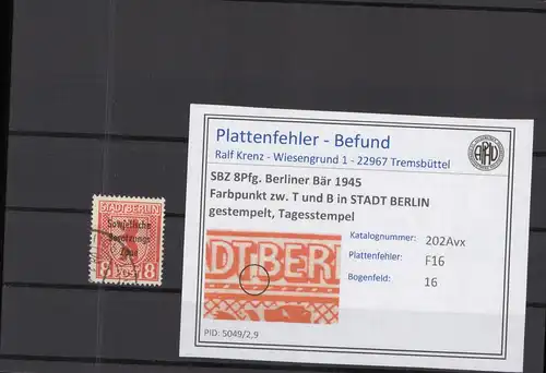 SBZ 1948 PLATTENFEHLER Nr 202Avx F16 gestempelt (218872)
