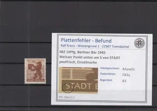 SBZ 1945 PLATTENFEHLER Nr 4Awbz F83a postfrisch (218876)