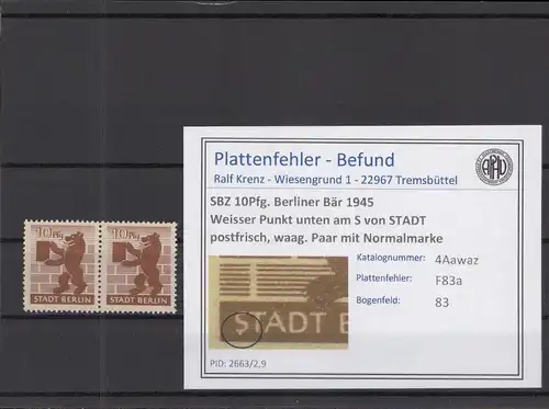 SBZ 1945 PLATTENFEHLER Nr 4Awbz F83a postfrisch (218877)