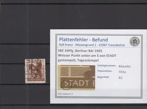 SBZ 1945 PLATTENFEHLER Nr 4Awbz F83a gestempelt (218878)