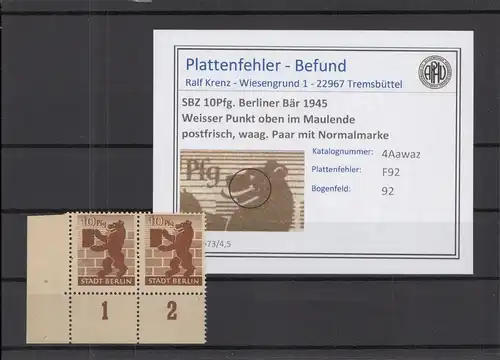 SBZ 1945 PLATTENFEHLER Nr 4Awaz F92 postfrisch (218883)