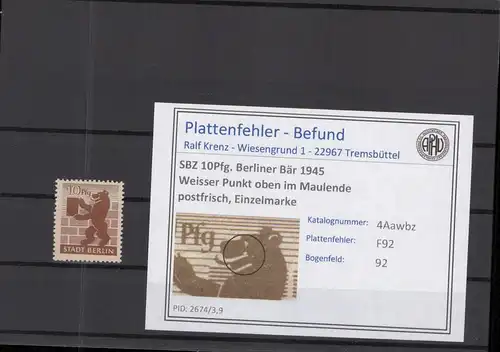 SBZ 1945 PLATTENFEHLER Nr 4Awbz F92 postfrisch (218884)