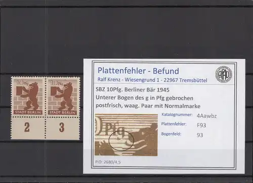SBZ 1945 PLATTENFEHLER Nr 4Awbz F93 postfrisch (218886)