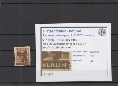 SBZ 1945 PLATTENFEHLER Nr 4Awaz F98 postfrisch (218889)