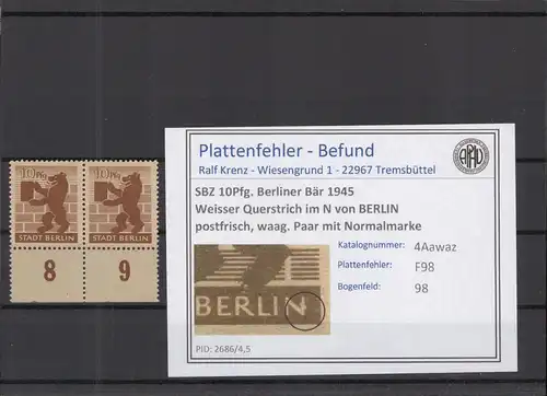 SBZ 1945 PLATTENFEHLER Nr 4Awaz F98 postfrisch (218890)