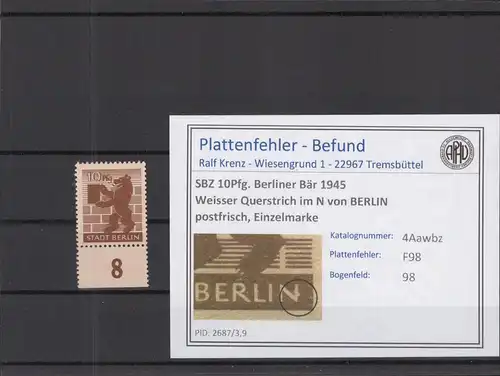 SBZ 1945 PLATTENFEHLER Nr 4Awbz F98 postfrisch (218891)