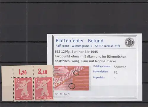SBZ 1945 PLATTENFEHLER Nr 5Awbz F1 postfrisch (218902)