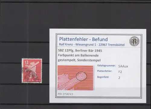 SBZ 1945 PLATTENFEHLER Nr 5Aux F2 gestempelt (218907)