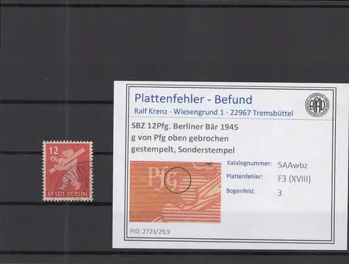 SBZ 1945 PLATTENFEHLER Nr 5Awaz XVIII gestempelt (218911)
