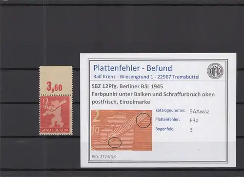 SBZ 1945 PLATTENFEHLER Nr 5Awaz F3a postfrisch (218912)