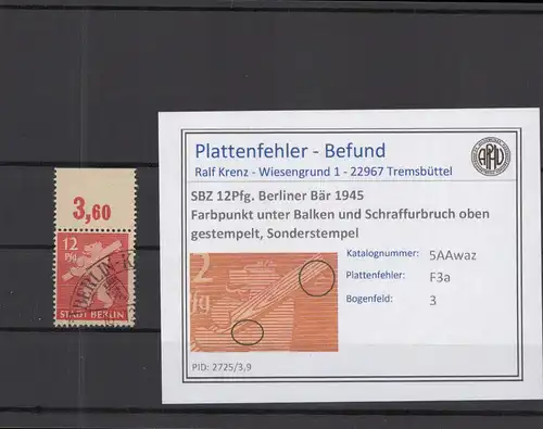 SBZ 1945 PLATTENFEHLER Nr 5Awaz F3a gestempelt (218913)
