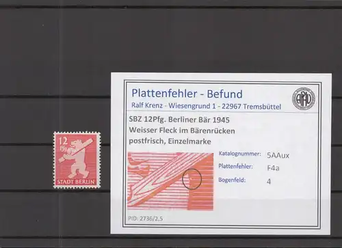 SBZ 1945 PLATTENFEHLER Nr 5Aux F4a postfrisch (218924)