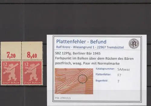 SBZ 1945 PLATTENFEHLER Nr 5Awaz F7 postfrisch (218930)