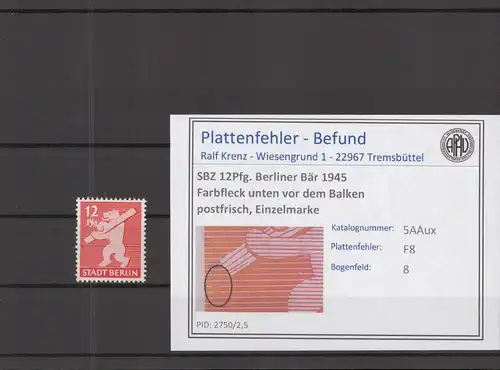 SBZ 1945 PLATTENFEHLER Nr 5Aux F8 postfrisch (218933)