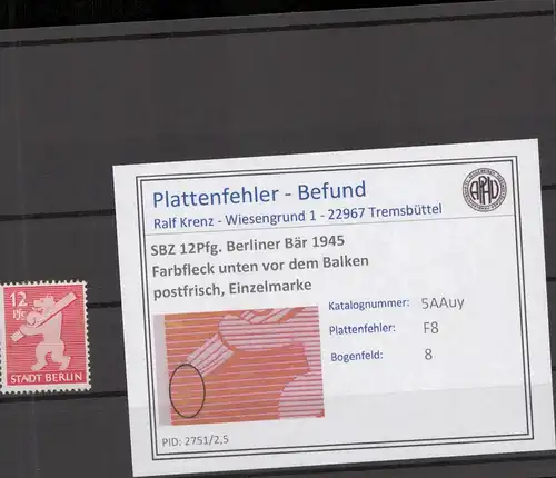 SBZ 1945 PLATTENFEHLER Nr 5Auy F8 postfrisch (218934)