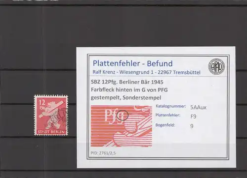 SBZ 1945 PLATTENFEHLER Nr 5Aux F9 gestempelt (218940)