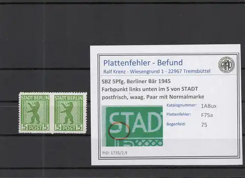 SBZ 1945 PLATTENFEHLER Nr 1ABux F75a postfrisch (218952)