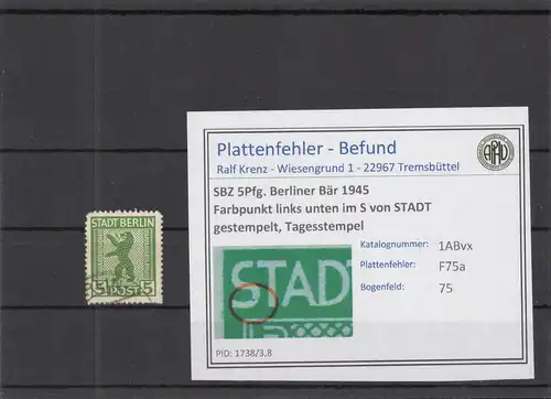 SBZ 1945 PLATTENFEHLER Nr 1ABvx F75a gestempelt (218955)