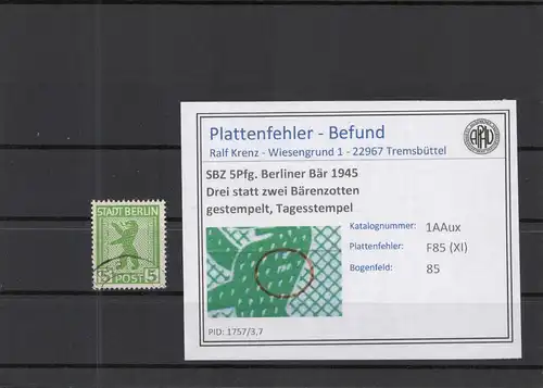 SBZ 1945 PLATTENFEHLER Nr 1AAux XI gestempelt (218966)