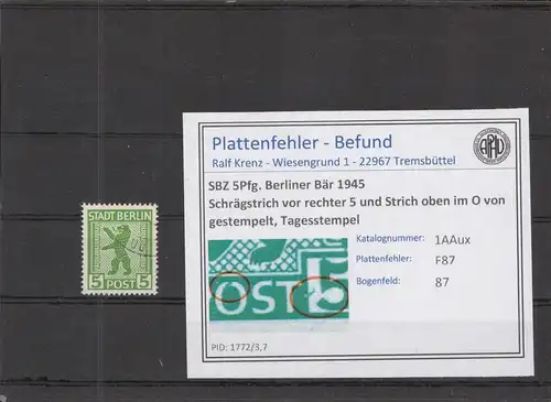 SBZ 1945 PLATTENFEHLER Nr 1AAux F87 gestempelt (218973)
