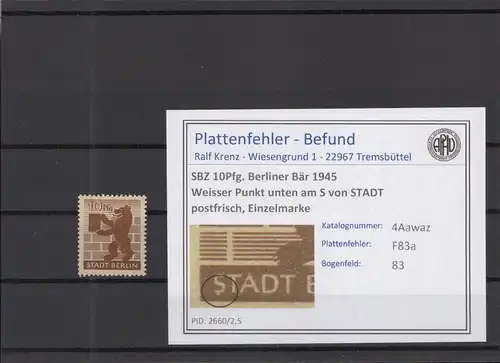 SBZ 1945 PLATTENFEHLER Nr 4Awaz F83a postfrisch (218986)