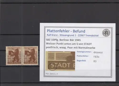 SBZ 1945 PLATTENFEHLER Nr 4Awaz F83a postfrisch (218987)
