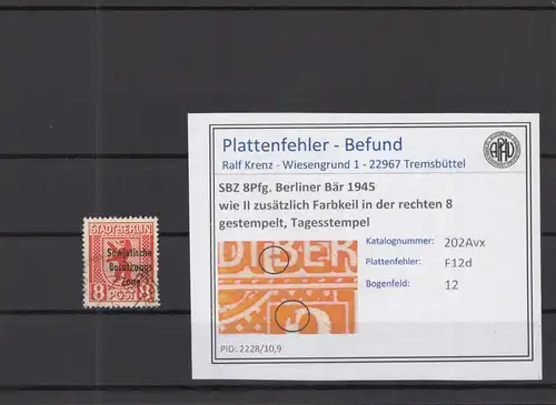 SBZ 1948 PLATTENFEHLER Nr 202Avx F12d gestempelt (218990)