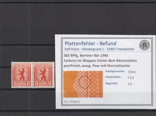 SBZ 1945 PLATTENFEHLER Nr 3Avx F13 postfrisch (218991)