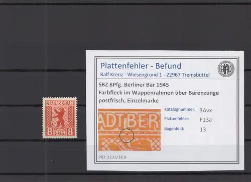 SBZ 1945 PLATTENFEHLER Nr 3Avx F13a postfrisch (218992)