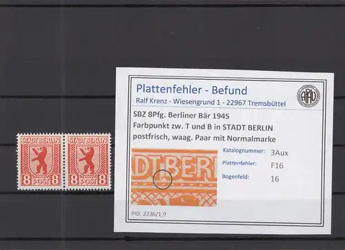 SBZ 1945 PLATTENFEHLER Nr 3Aux F16 postfrisch (218996)