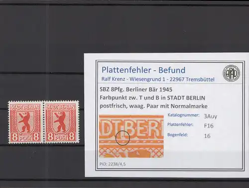 SBZ 1945 PLATTENFEHLER Nr 3Auy F16 postfrisch (218998)