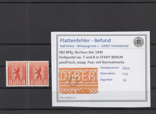 SBZ 1945 PLATTENFEHLER Nr 3Avx F16 postfrisch (219000)