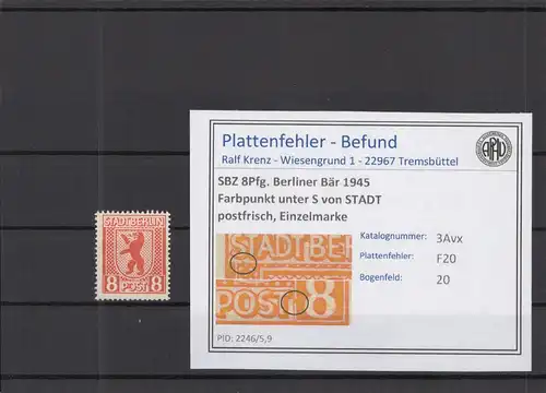 SBZ 1945 PLATTENFEHLER Nr 3Avx F20 postfrisch (219004)